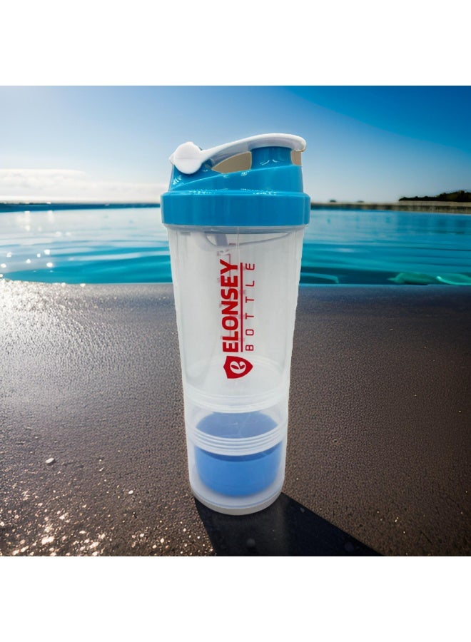 إيلونسي زجاجة مياه سعة 500 مل مع 3 طبقات تخزين قابلة للفتح والقفل، زجاجة رياضية مقاومة للتسرب وخالية من مادة BPA بنسبة 100% مع ماصة وعلامات زمنية، زجاجة خلط غير قابلة للانزلاق للمكملات الغذائية - أزرق 500 مل - Image 3