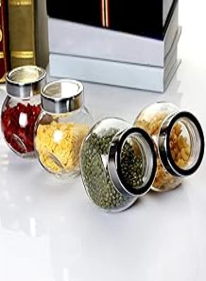 Vency Set of 4 Spice Glass Storage Jar for Masalas, Dry Fruits, Mouth Fresheners with Rust Proof Air Tight Stainless Steel Lid 200ml