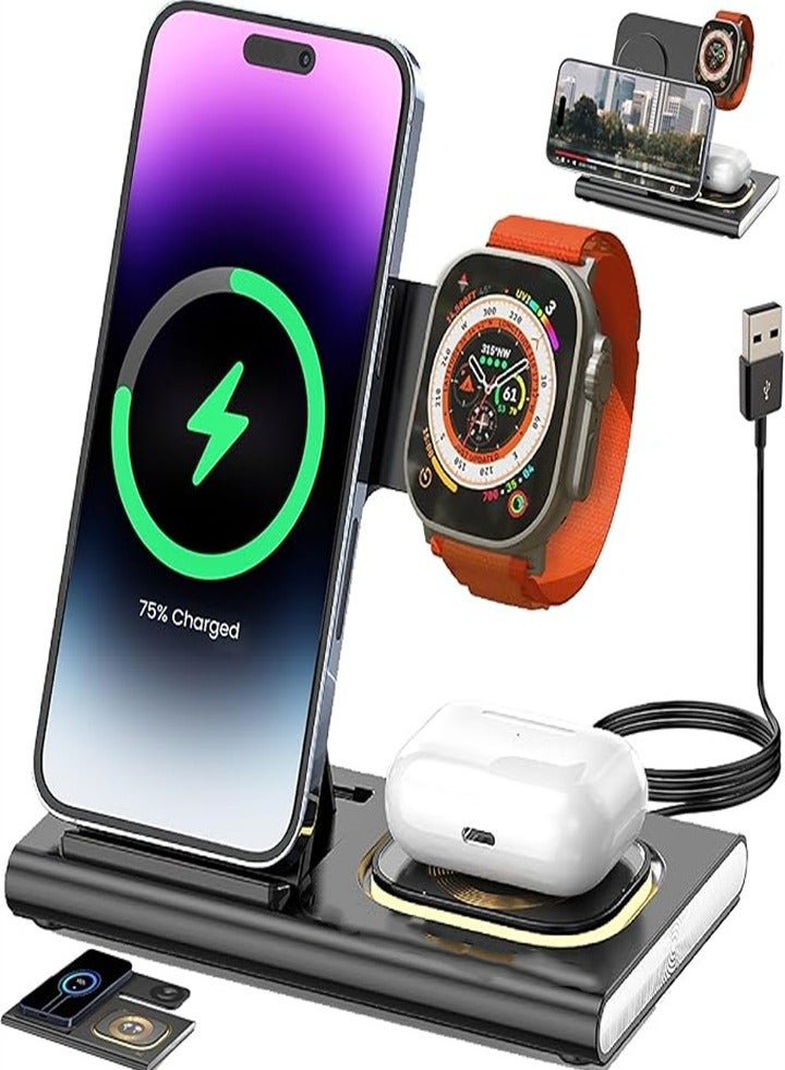 محطة شحن مطورة 3 في 1، شاحن قابل للطي، مناسب للهواتف المحمولة من Apple والساعات وسماعات الرأس، شحن ثلاثة في واحد، سهل الحمل، مناسب للسفر والفنادق التجارية - Image 1
