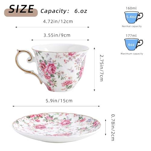 Agyiuns tea cups and saucers ceramic coffee mug 6oz for Coffee, Latte, Cafe Mocha and Tea-Set of 4 (Big flowers-Set of 4) - Image 2
