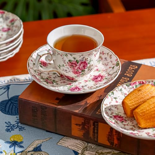 Agyiuns tea cups and saucers ceramic coffee mug 6oz for Coffee, Latte, Cafe Mocha and Tea-Set of 4 (Big flowers-Set of 4) - Image 4