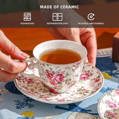 Agyiuns tea cups and saucers ceramic coffee mug 6oz for Coffee, Latte, Cafe Mocha and Tea-Set of 4 (Big flowers-Set of 4) - Image 3