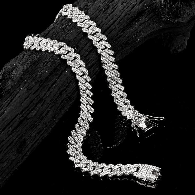 JUNVirtuous 2 Pieces Cuban Link Chain Mens Iced Out Miami Cuban Necklace and Bracelet Silver Bling Diamond Hip Hop Jewelry for Men and Women (Silver, 8" Bracelet and 18" Necklace) - Image 5