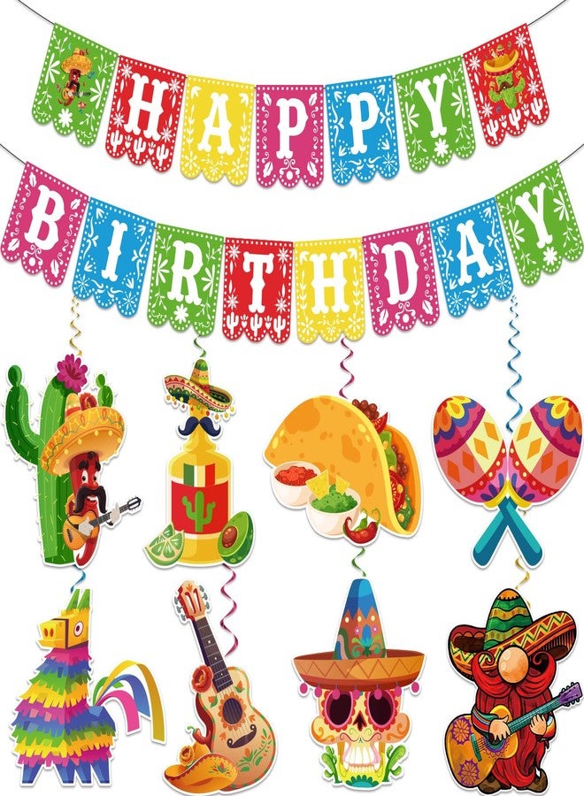 Biswiter Fiesta Happy Birthday Banner & 8pcs Mexican Taco Party Decorations, Cinco De Mayo, Colorful Cartoon Occasion Theme, 5x6 Inches, 1 Set - Image 1