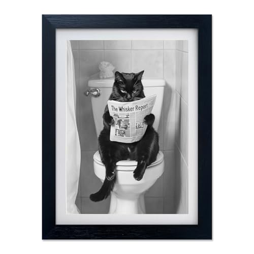 AIANHUA Black Cat Bathroom Wall Art Black and White Cat on Toilet Picture Wall Decor Funny Pop Art Gift Canvas Print Poster - Image 1