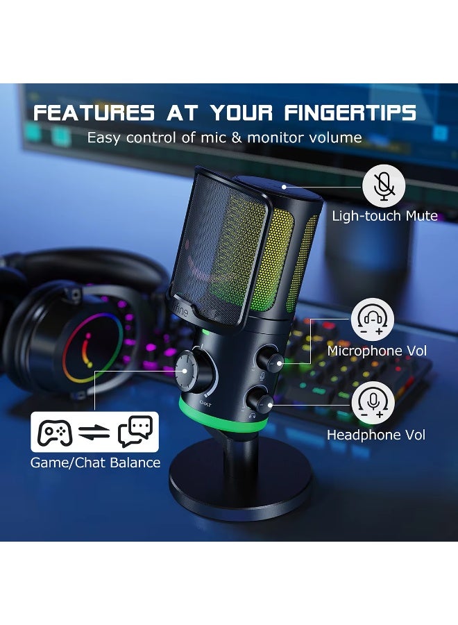 فيفين ميكروفون ألعاب USB من FIFINE مزود بخاصية إلغاء الضوضاء/إضاءة RGB/مقبض للتحكم في مستوى الصوت والتوازن، ميكروفون مكثف للبث المباشر والبودكاست - Ampligame AM6 - Image 3