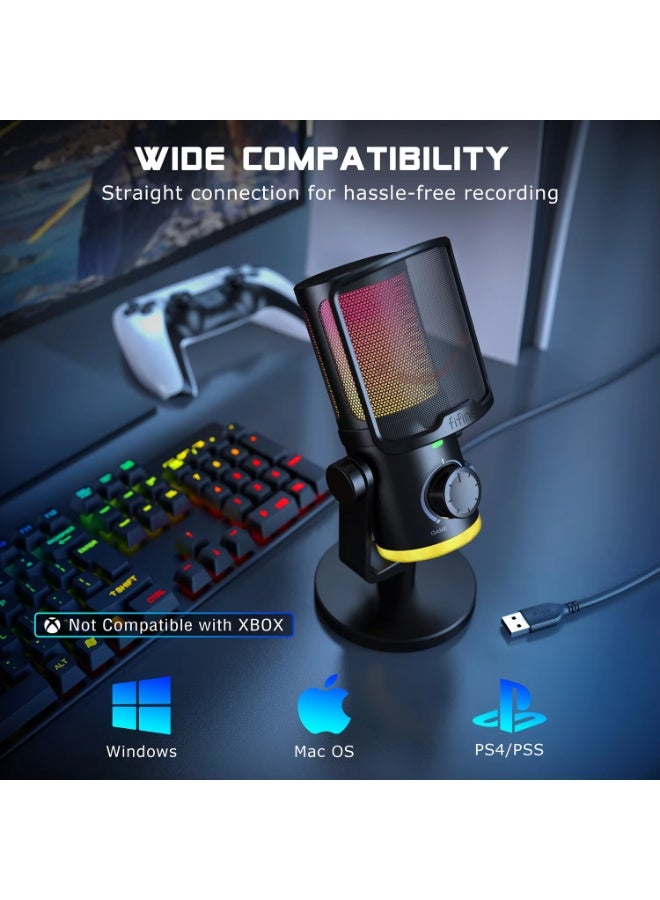 فيفين ميكروفون ألعاب USB من FIFINE مزود بخاصية إلغاء الضوضاء/إضاءة RGB/مقبض للتحكم في مستوى الصوت والتوازن، ميكروفون مكثف للبث المباشر والبودكاست - Ampligame AM6 - Image 5