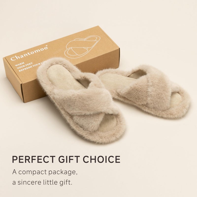 Chantomoo Womens Slippers Memory Foam Fuzzy Cross Band Faux Fur Slippers for Women Gift Brown Size 9 10 8.5 - Image 5