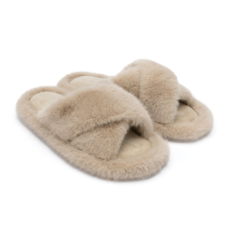 Chantomoo Womens Slippers Memory Foam Fuzzy Cross Band Faux Fur Slippers for Women Gift Brown Size 9 10 8.5 - Image 1