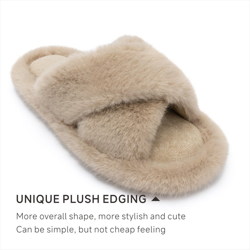 Chantomoo Womens Slippers Memory Foam Fuzzy Cross Band Faux Fur Slippers for Women Gift Brown Size 9 10 8.5 - Image 3