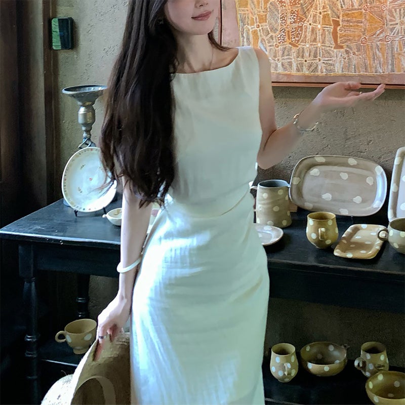 Linen Blend Sleeveless High Waist A-Line Dress for Women - Image 3
