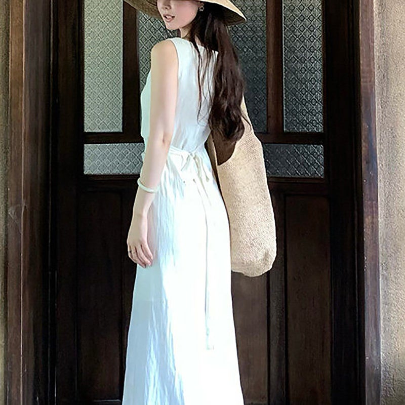 Linen Blend Sleeveless High Waist A-Line Dress for Women - Image 2