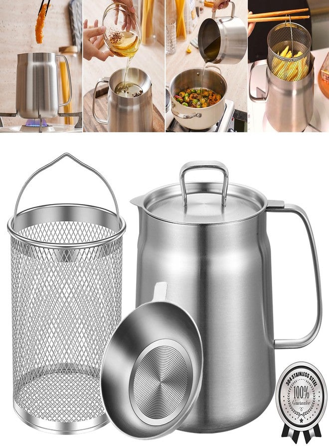 HOMKULA 2-in-1 304 Stainless Steel Multifunctional Deep Fryer Pot with Basket & Strainer, Large Capacity Oil Filter Pot, Bacon Grease Container with Steel Pour for Kitchen, Camping, Cooking (68oz/2L) - Image 1