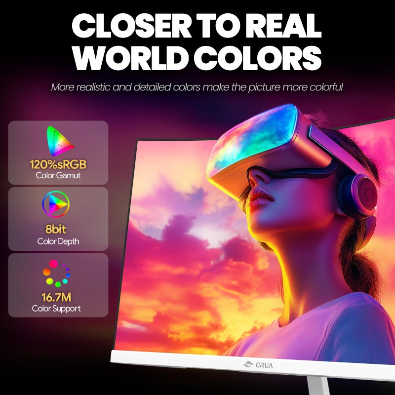 CRUA 24" Curved Gaming Monitor, 165Hz/200Hz Computer Monitor, FHD 1920x1080, 120% sRGB, AMD FreeSync, Blue Light Filter, for Gaming & Office, Wall Mountable- White - Image 3