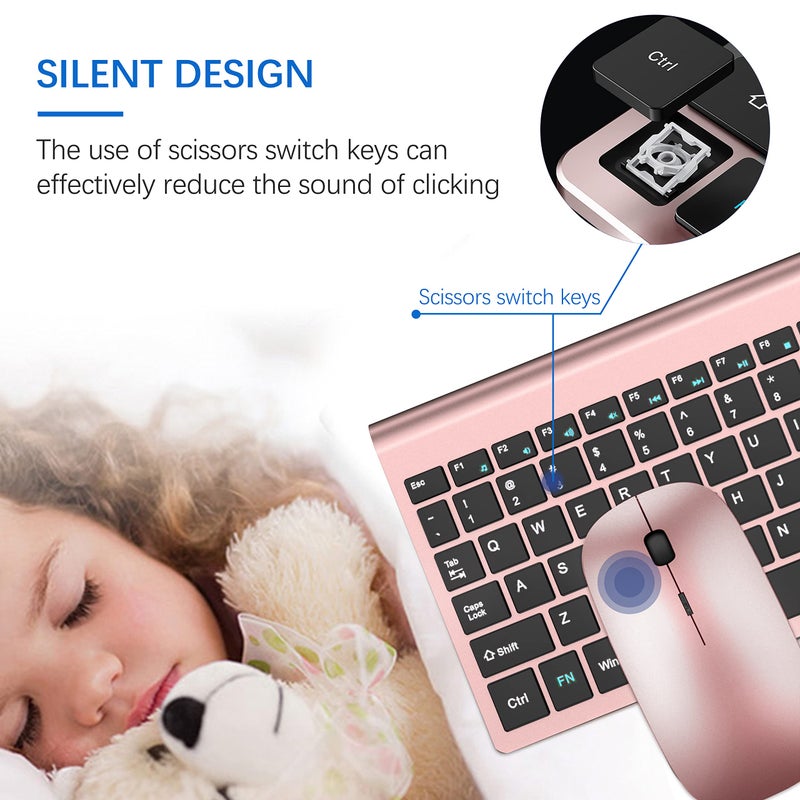 TopMate Wireless Keyboard and Mouse Ultra Slim Combo, TopMate 2.4G Silent Compact USB 2400DPI Mouse and Scissor Switch Keyboard Set with Cover, Batteries Included, for PC/Laptop/Windows/Mac - Rose Gold Black - Image 2