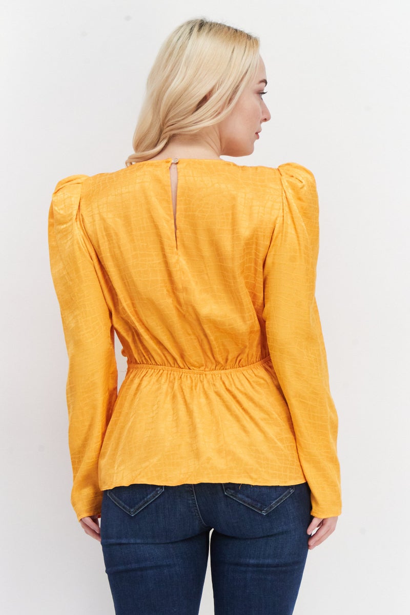 RIVER ISLAND Women V-Neck Long Sleeves Jacquard Twist Blouse, Orange - Image 3