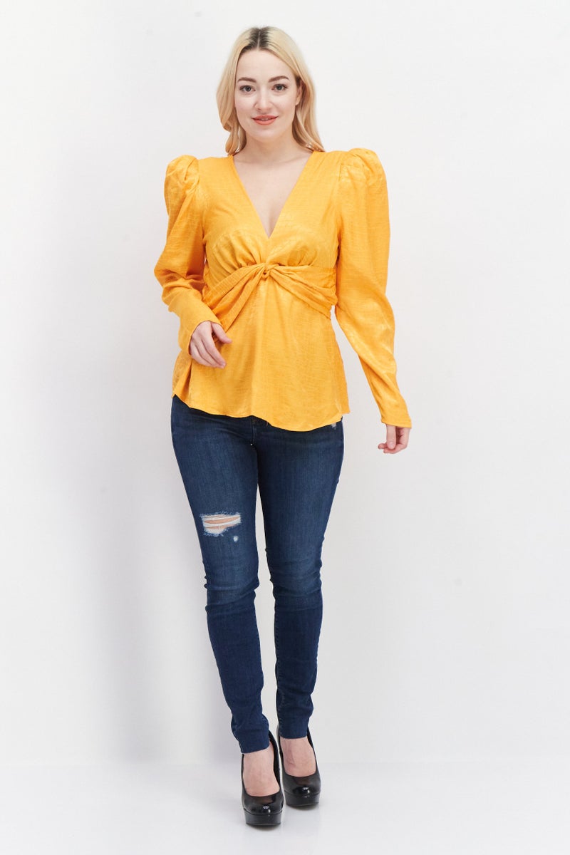 RIVER ISLAND Women V-Neck Long Sleeves Jacquard Twist Blouse, Orange - Image 2