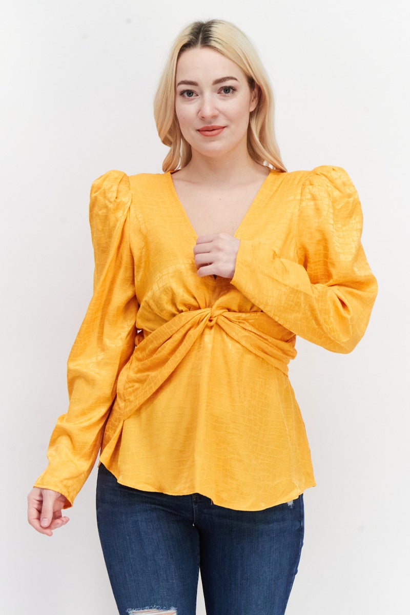 RIVER ISLAND Women V-Neck Long Sleeves Jacquard Twist Blouse, Orange - Image 1