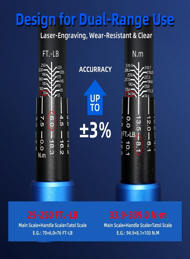 UYECOVE 1/2-Inch Drive Click Torque Wrench, Dual-Direction Click Professional Torque Wrench 25-250FT.LB/33.9-339N.M, Dual Range Scales Graduated in FT.LB and N.M, Blue - Image 3