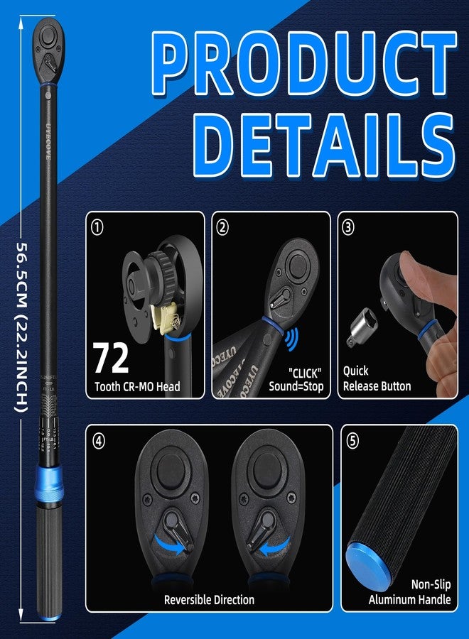 UYECOVE 1/2-Inch Drive Click Torque Wrench, Dual-Direction Click Professional Torque Wrench 25-250FT.LB/33.9-339N.M, Dual Range Scales Graduated in FT.LB and N.M, Blue - Image 5