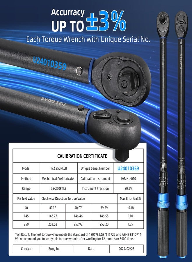 UYECOVE 1/2-Inch Drive Click Torque Wrench, Dual-Direction Click Professional Torque Wrench 25-250FT.LB/33.9-339N.M, Dual Range Scales Graduated in FT.LB and N.M, Blue - Image 4