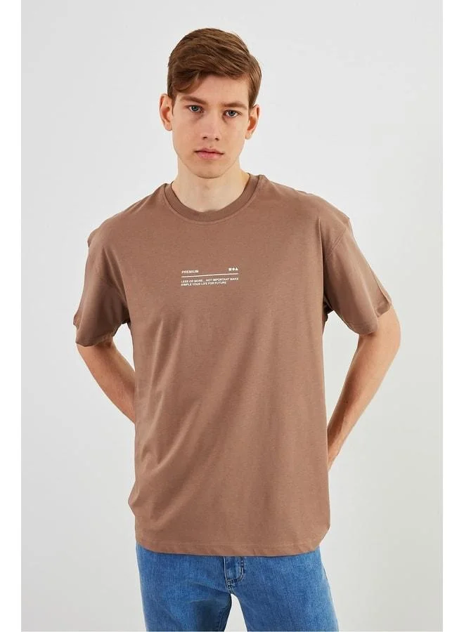 Mmetalic Leo Men's Oversize T-Shirt 100% Cotton Crew Neck with Print Detail Basic Taupe T-Shirt
