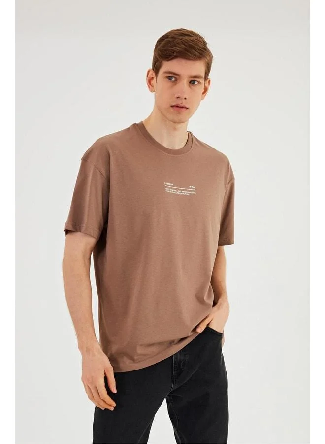Mmetalic Leo Men's Oversize T-Shirt 100% Cotton Crew Neck with Print Detail Basic Taupe T-Shirt
