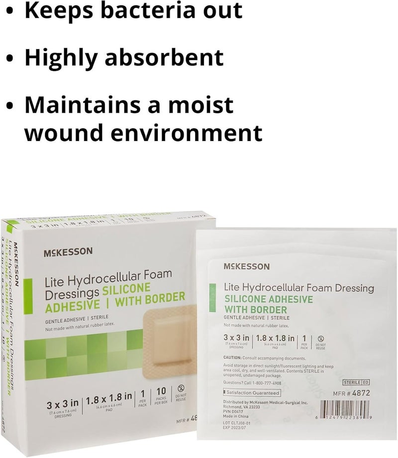 McKesson Lite Hydrocellular Foam Dressings Sterile Silicone Adhesive with Border 3 in x 3 in 10 Count 1 Pack - Image 4