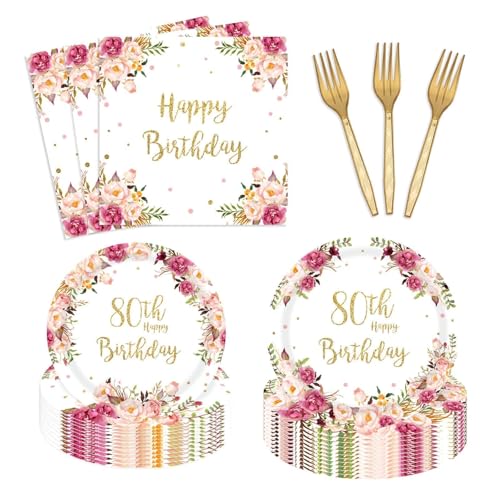 Utolily 96PCs Happy 80th Birthday Party Supplies for Women 80th Birthday Floral Birthday Plates and Napkins Forks Blush Pink Bday Tableware Party Supplies Decorations - Image 1