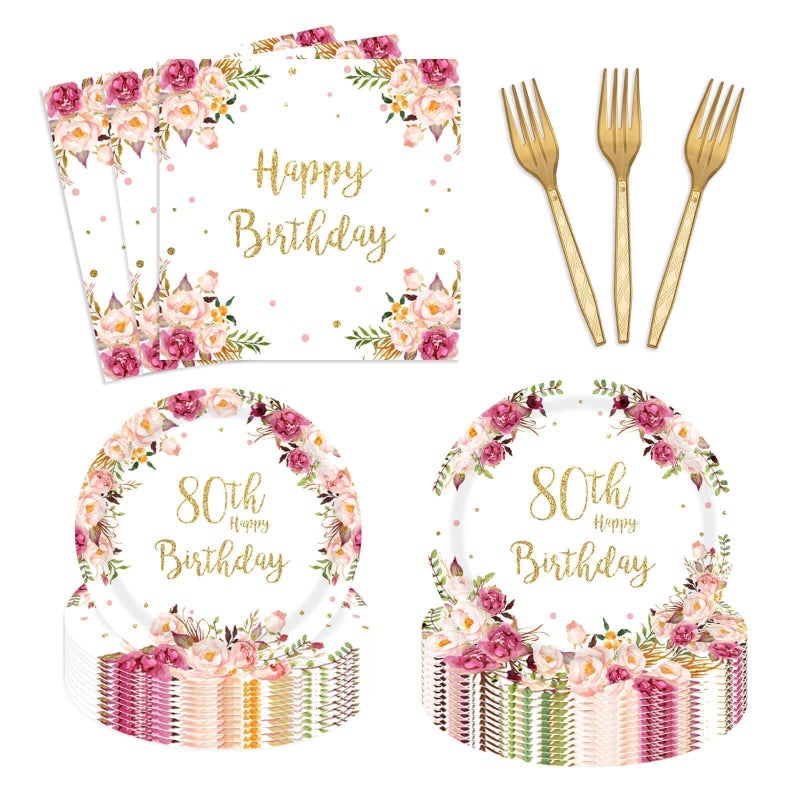 Utolily 96PCs Happy 80th Birthday Party Supplies for Women 80th Birthday Floral Birthday Plates and Napkins Forks Blush Pink Bday Tableware Party Supplies Decorations - Image 2