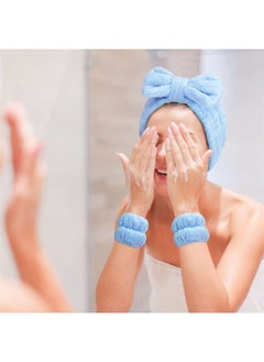 Chuangdi 4 Pcs Spa Headband Wrist Washband Scrunchies Cuffs for Washing Face, Towel Wristbands Hair Headband Face Wash Wristband for Women Girls Makeup Prevent Liquids from Spilling (Light Blue, White)  - Image 2