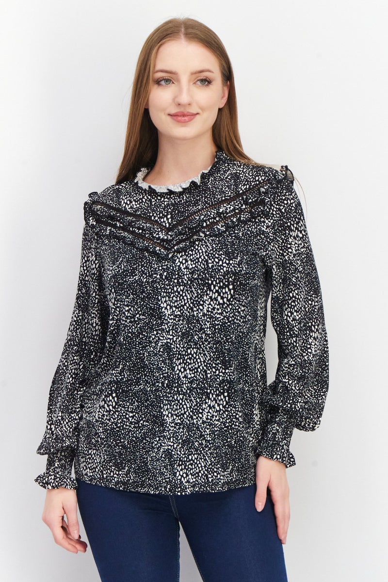 EDC Women Ruffle Collar Long Sleeves Allover Print Blouse, Black - Image 1