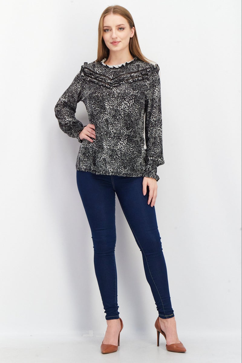 EDC Women Ruffle Collar Long Sleeves Allover Print Blouse, Black - Image 3