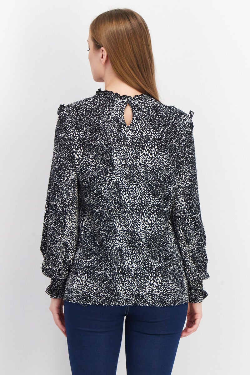 EDC Women Ruffle Collar Long Sleeves Allover Print Blouse, Black - Image 2