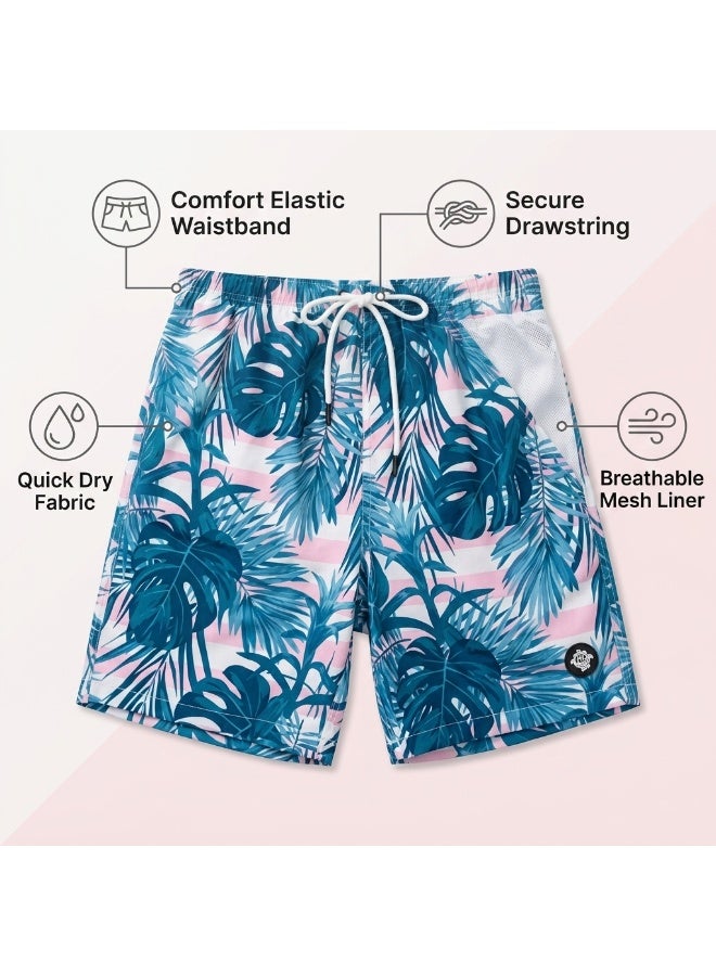 IceZone Men's Quick Dry Swim Trunks, Tropic Blush Pink Tropical Print Beach Shorts with Mesh Lining - Image 2