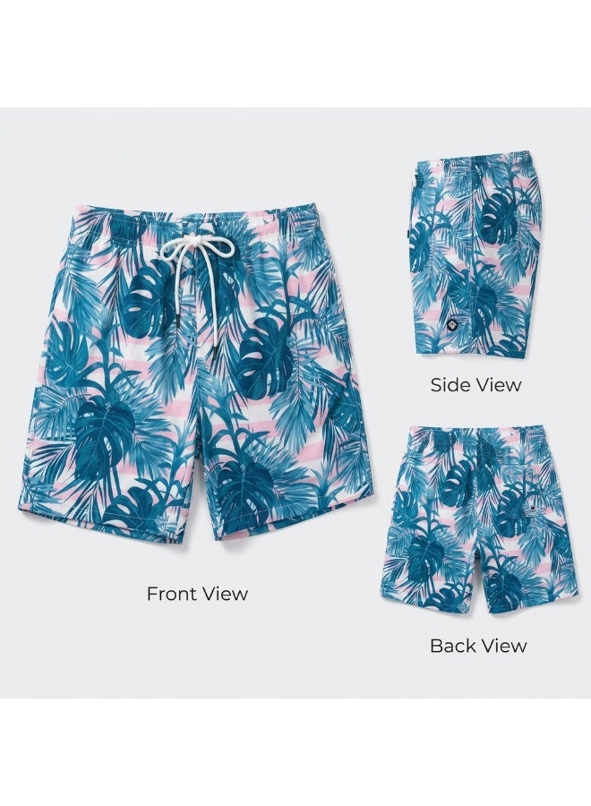 IceZone Men's Quick Dry Swim Trunks, Tropic Blush Pink Tropical Print Beach Shorts with Mesh Lining - Image 3