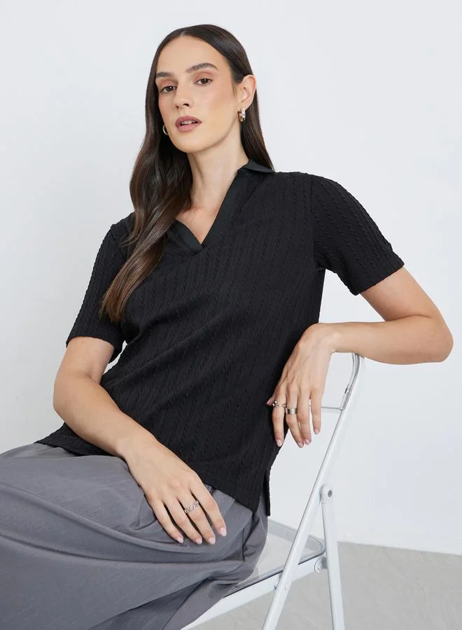 Styli Styli Black Knitted Relaxed Fit Polo T-Shirt