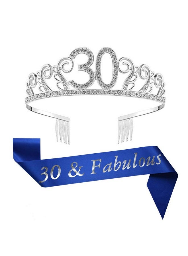 Mayin 30Th Brithday Silver Tiara And Sash 30 & Fabulous Satin Sash And Rhinestone Birthday Crown Happy 30Th Birthday Decorations Party Supplies Favors Birthday Cake Topper - Image 1