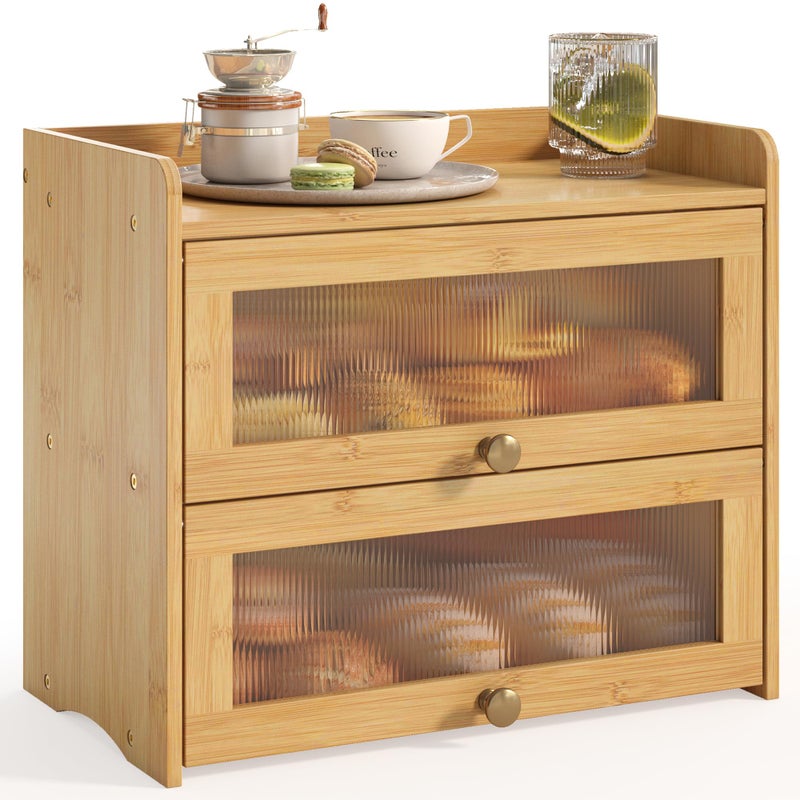 JANSNIMEN Large Bread Box for Kitchen Countertop Wooden Double Layer Breadbox Organizer with Window Vintage Farmhouse Bread Storage Container for Homemade Bread (Natural Bamboo) - Image 1