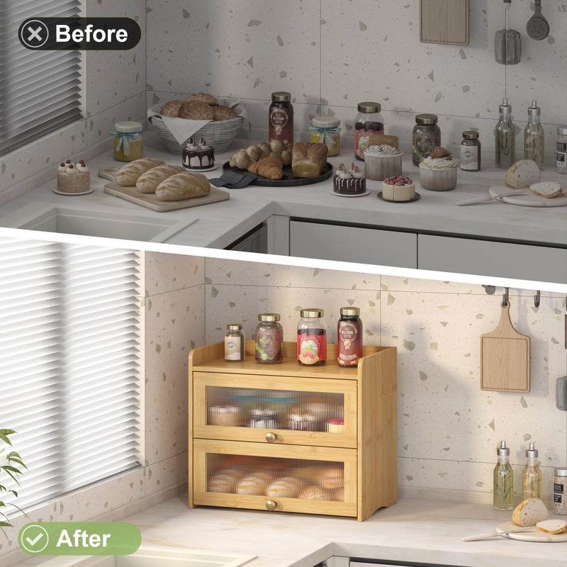 JANSNIMEN Large Bread Box for Kitchen Countertop Wooden Double Layer Breadbox Organizer with Window Vintage Farmhouse Bread Storage Container for Homemade Bread (Natural Bamboo) - Image 5