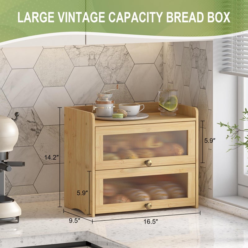 JANSNIMEN Large Bread Box for Kitchen Countertop Wooden Double Layer Breadbox Organizer with Window Vintage Farmhouse Bread Storage Container for Homemade Bread (Natural Bamboo) - Image 2