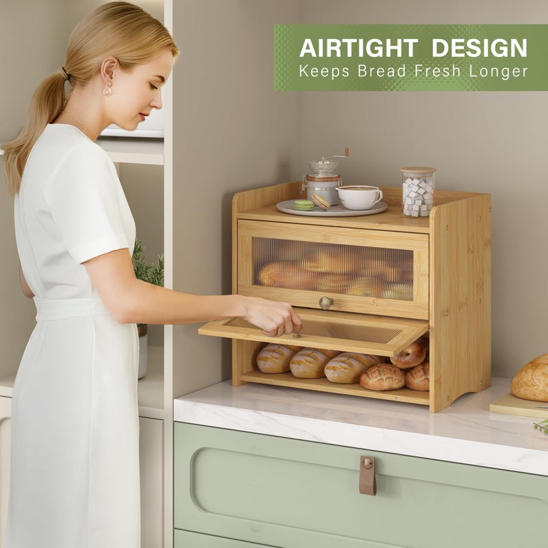 JANSNIMEN Large Bread Box for Kitchen Countertop Wooden Double Layer Breadbox Organizer with Window Vintage Farmhouse Bread Storage Container for Homemade Bread (Natural Bamboo) - Image 3