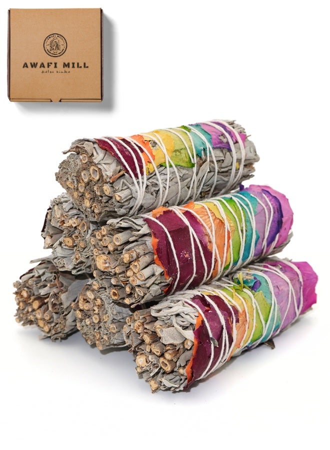 AWAFI MILL White Sage with Chakra Rose Petals Smudge Stick | Hand-Tied Aromatic Bundle -  Pack of 3 Stick - Image 1