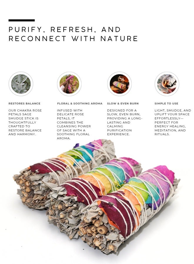 AWAFI MILL White Sage with Chakra Rose Petals Smudge Stick | Hand-Tied Aromatic Bundle -  Pack of 3 Stick - Image 5