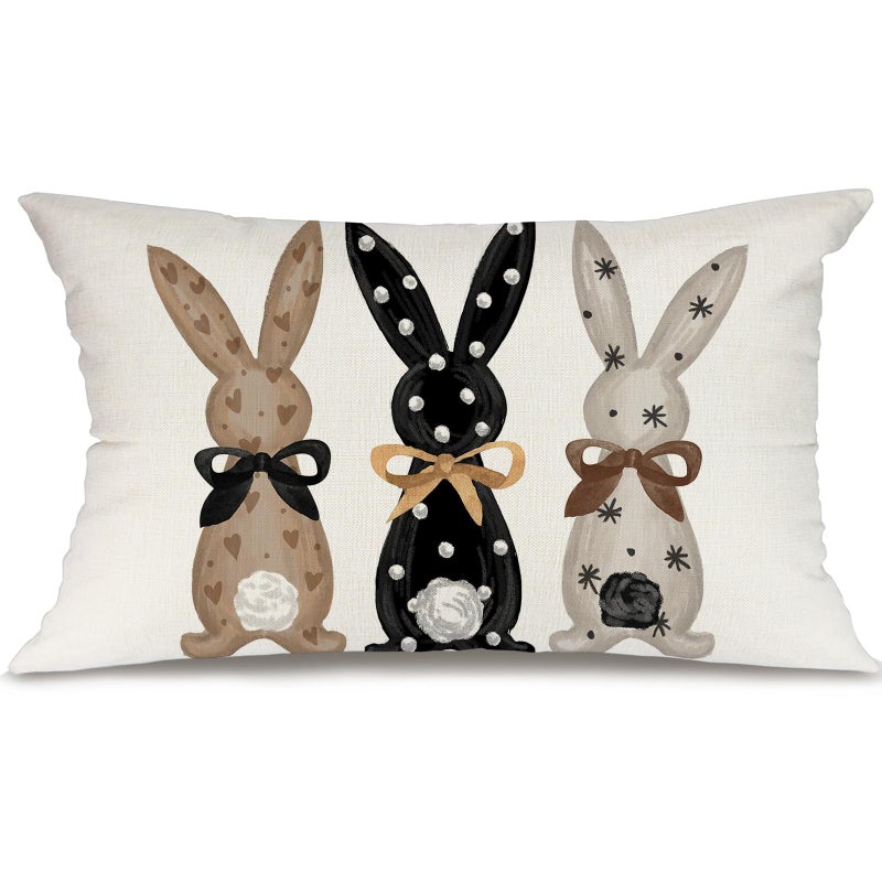 GEEORY Easter Pillow Cover 12x20 Inch - Bunnies with Bowknot Decor, Farmhouse Brown Pillow Case for Home Sofa Couch - Image 1