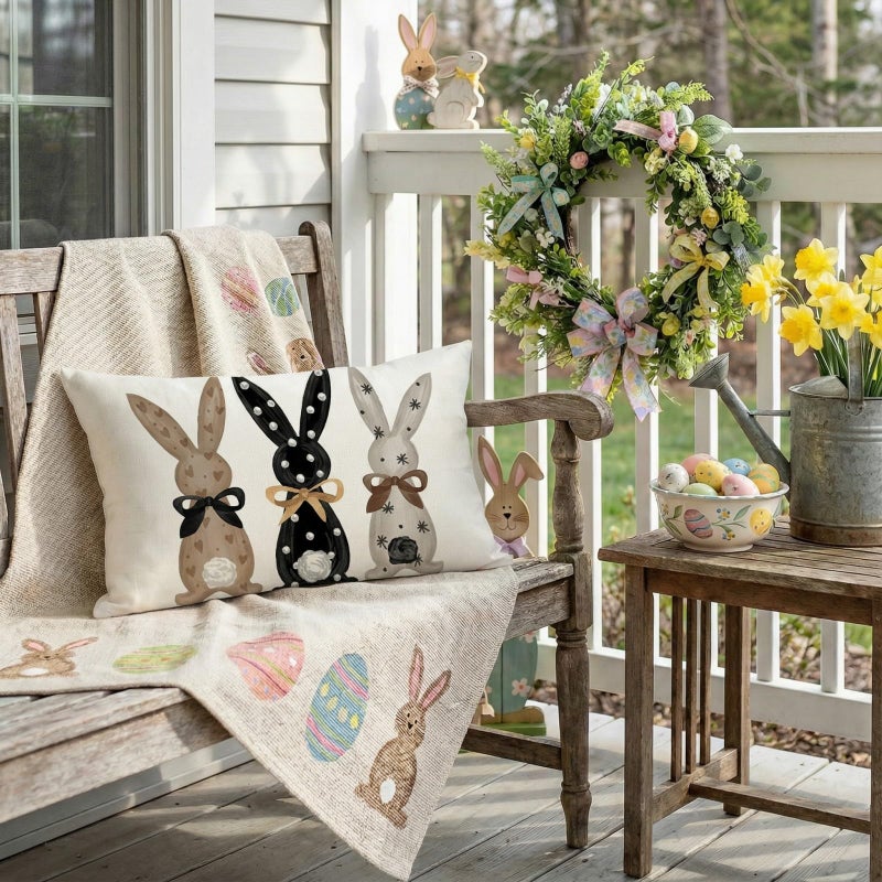 GEEORY Easter Pillow Cover 12x20 Inch - Bunnies with Bowknot Decor, Farmhouse Brown Pillow Case for Home Sofa Couch - Image 3