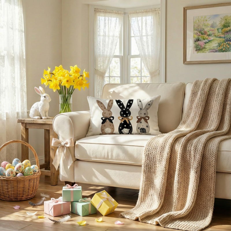 GEEORY Easter Pillow Cover 12x20 Inch - Bunnies with Bowknot Decor, Farmhouse Brown Pillow Case for Home Sofa Couch - Image 2