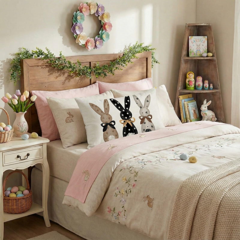 GEEORY Easter Pillow Cover 12x20 Inch - Bunnies with Bowknot Decor, Farmhouse Brown Pillow Case for Home Sofa Couch - Image 4