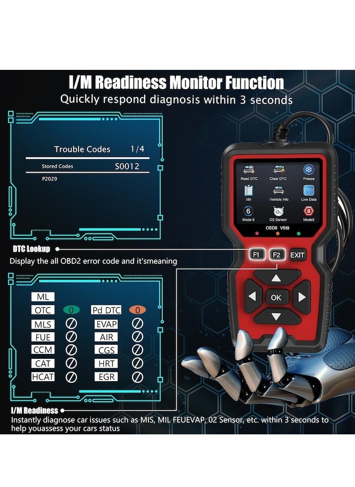 XiuWoo OBD2 Scanner Diagnostic Tool, Check Engine Code Reader OBD2 Scanner with Reset, Mode 6, Mode 8 & I/M Readiness, Auto Check Engine Light Car Diagnostic Scan Tool, red  - Image 2