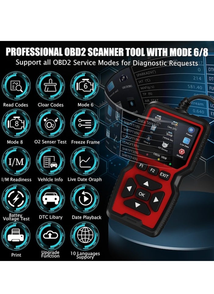 XiuWoo OBD2 Scanner Diagnostic Tool, Check Engine Code Reader OBD2 Scanner with Reset, Mode 6, Mode 8 & I/M Readiness, Auto Check Engine Light Car Diagnostic Scan Tool, red  - Image 5